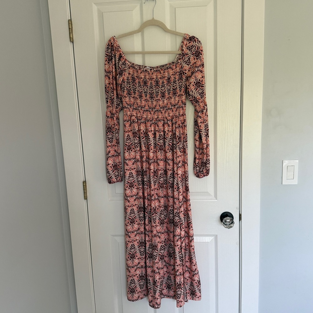 Cabana Life Coral and Brown Smocked Long Sleeve Maxi Dress with UPF 50 NWT